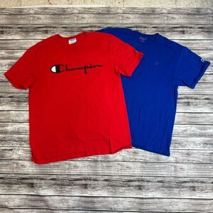 Lot of 2 Champion Men's Short Sleeve T Tee Shirts Blue Red M Med Medium Crewneck